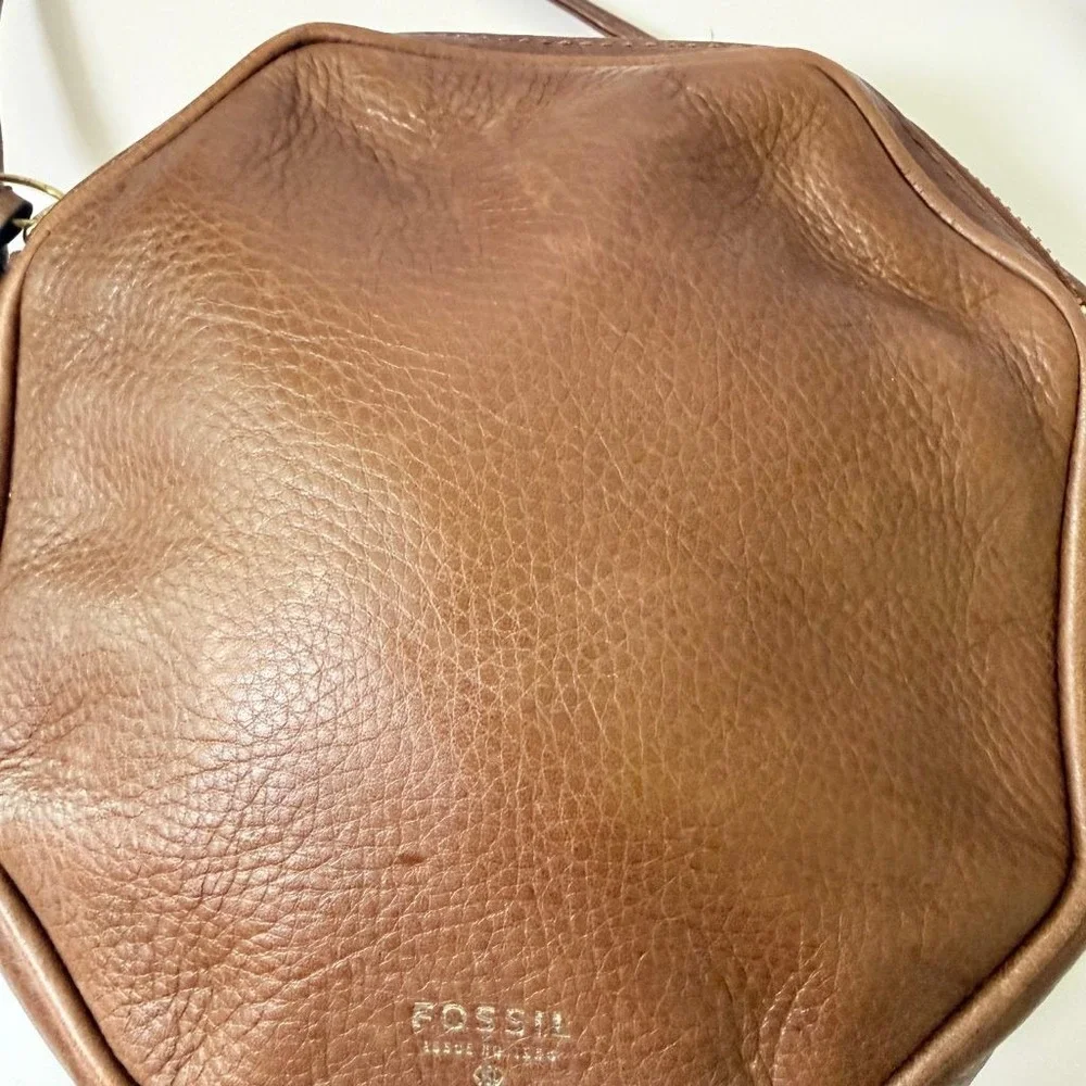 Fossil Brown Leather Octagon Crossbody Bag Small Zip Top Purse Issue No 1954